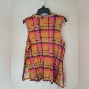 Retro 60s Style Plaid Sleeveless Blouse Mock Neck Pink & Orange it’s Brand L